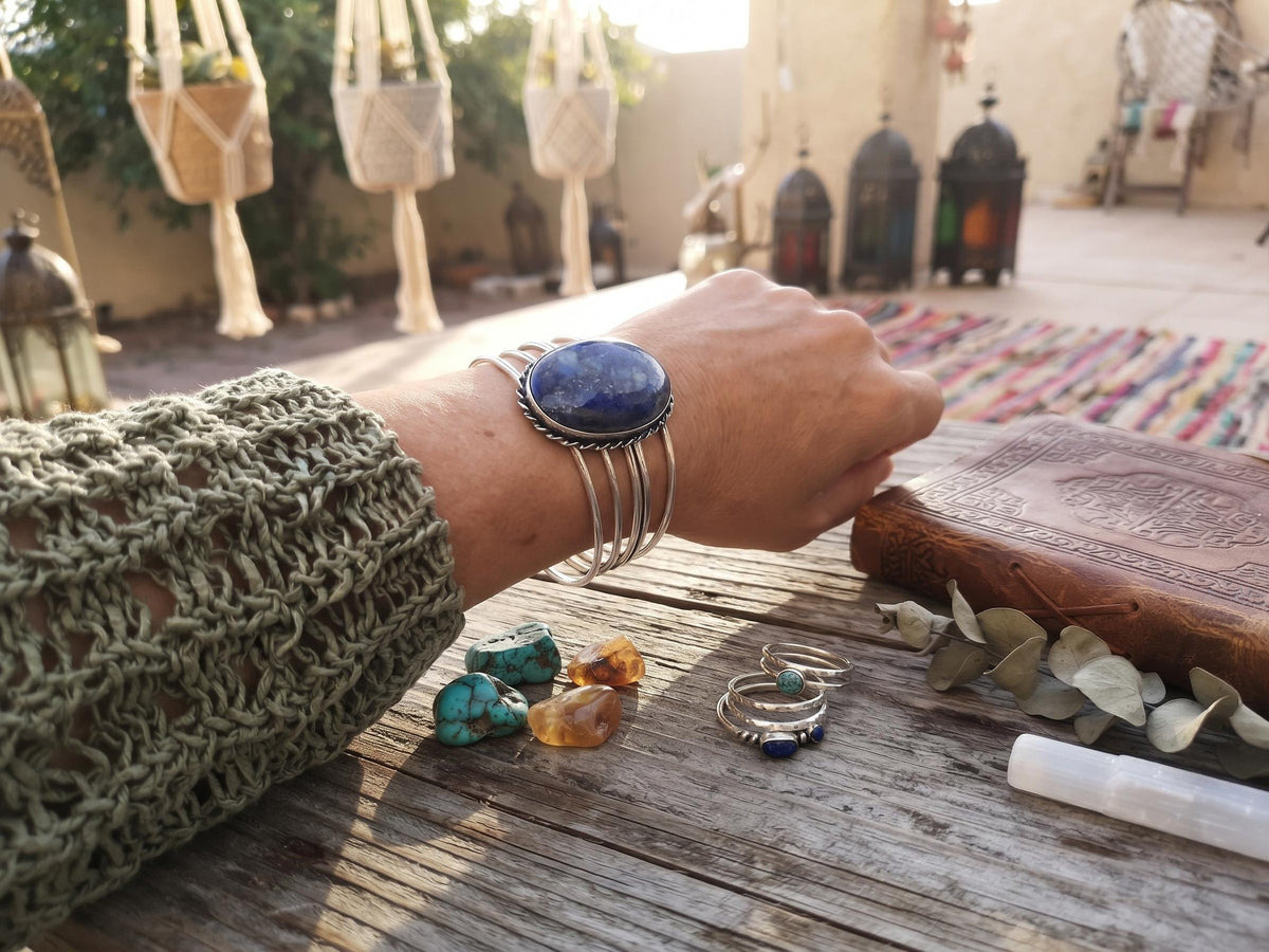 Lapis Lazuli Stone Bangle Bracelet: Sterling Silver Plated Boho Cuff Bracelet