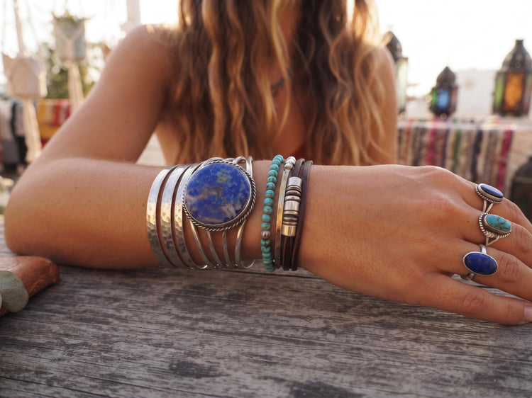 Lapis Lazuli Stone Bangle Bracelet: Sterling Silver Plated Boho Cuff Bracelet