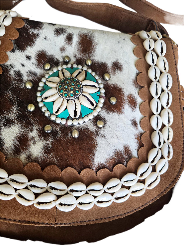 Boho Fringe Leather Crossbody Bag, Cowhide Western Purse, Turquoise Stone Cowgirl Handbag, Hippie Festival Shoulder Bag