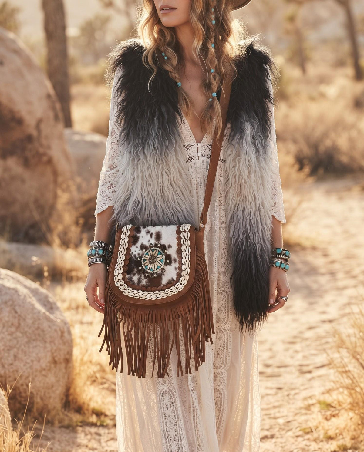Boho Fringe Leather Crossbody Bag, Cowhide Western Purse, Turquoise Stone Cowgirl Handbag, Hippie Festival Shoulder Bag