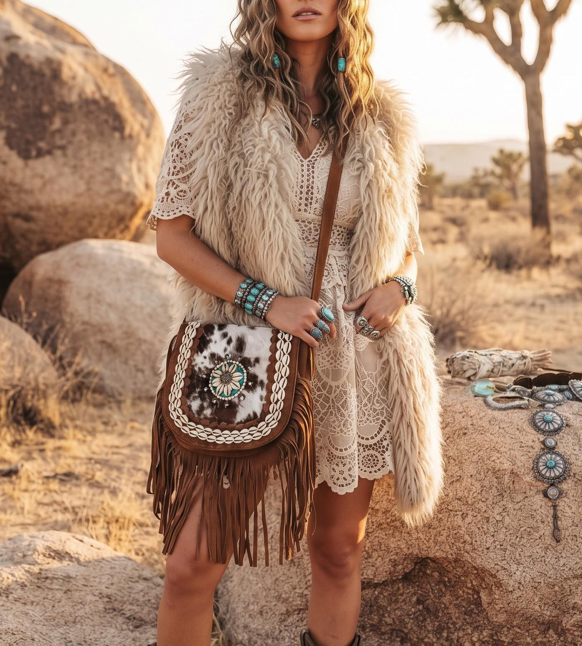 Boho Fringe Leather Crossbody Bag, Cowhide Western Purse, Turquoise Stone Cowgirl Handbag, Hippie Festival Shoulder Bag