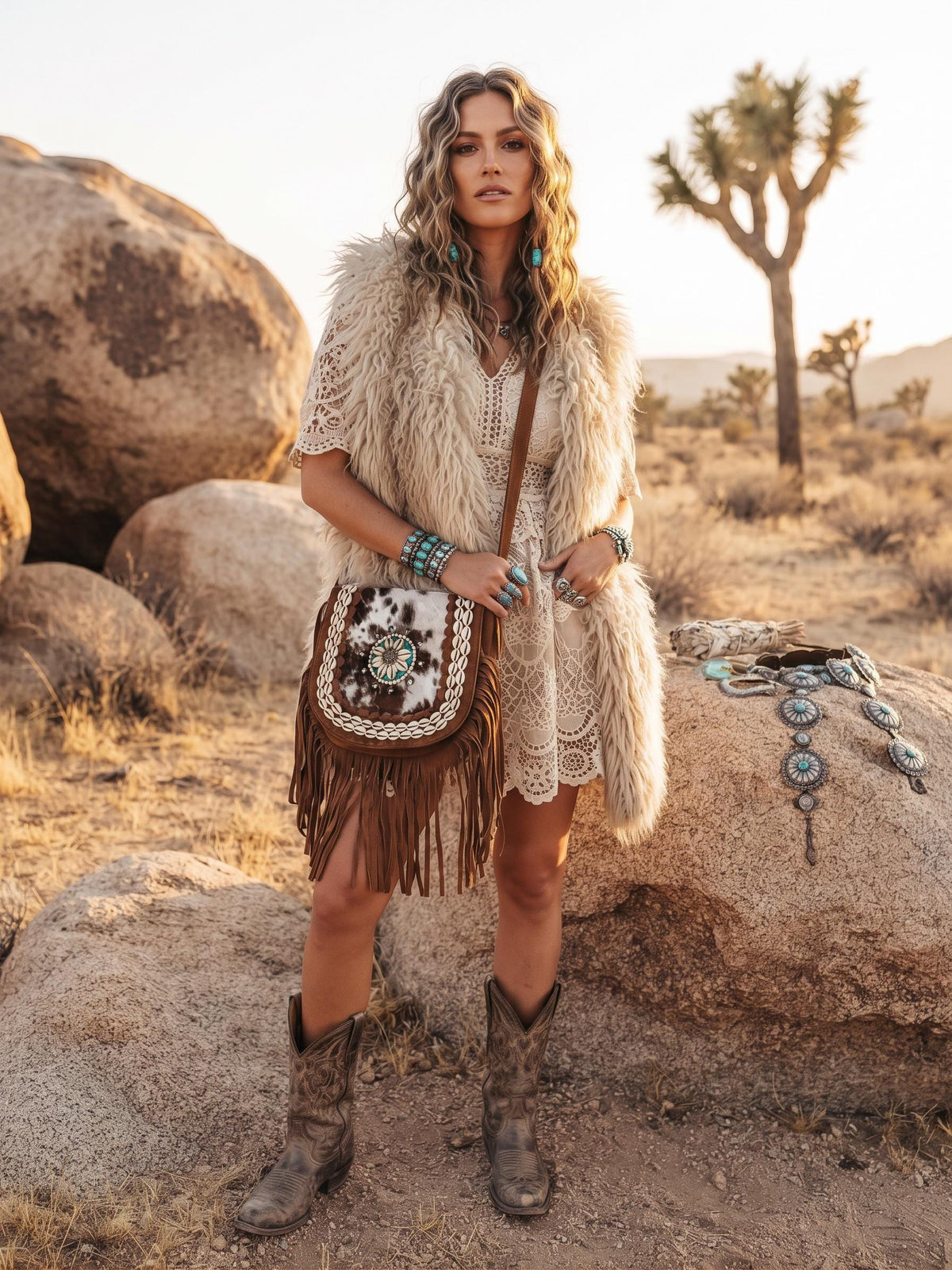 Boho Fringe Leather Crossbody Bag, Cowhide Western Purse, Turquoise Stone Cowgirl Handbag, Hippie Festival Shoulder Bag