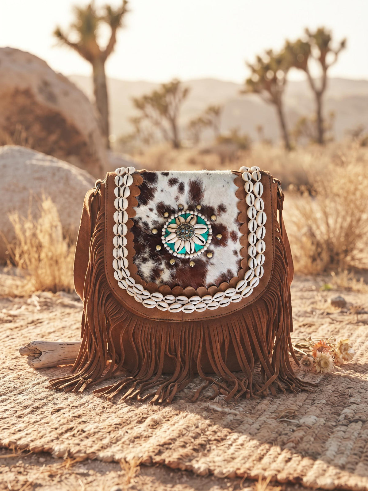 Boho Fringe Leather Crossbody Bag, Cowhide Western Purse, Turquoise Stone Cowgirl Handbag, Hippie Festival Shoulder Bag