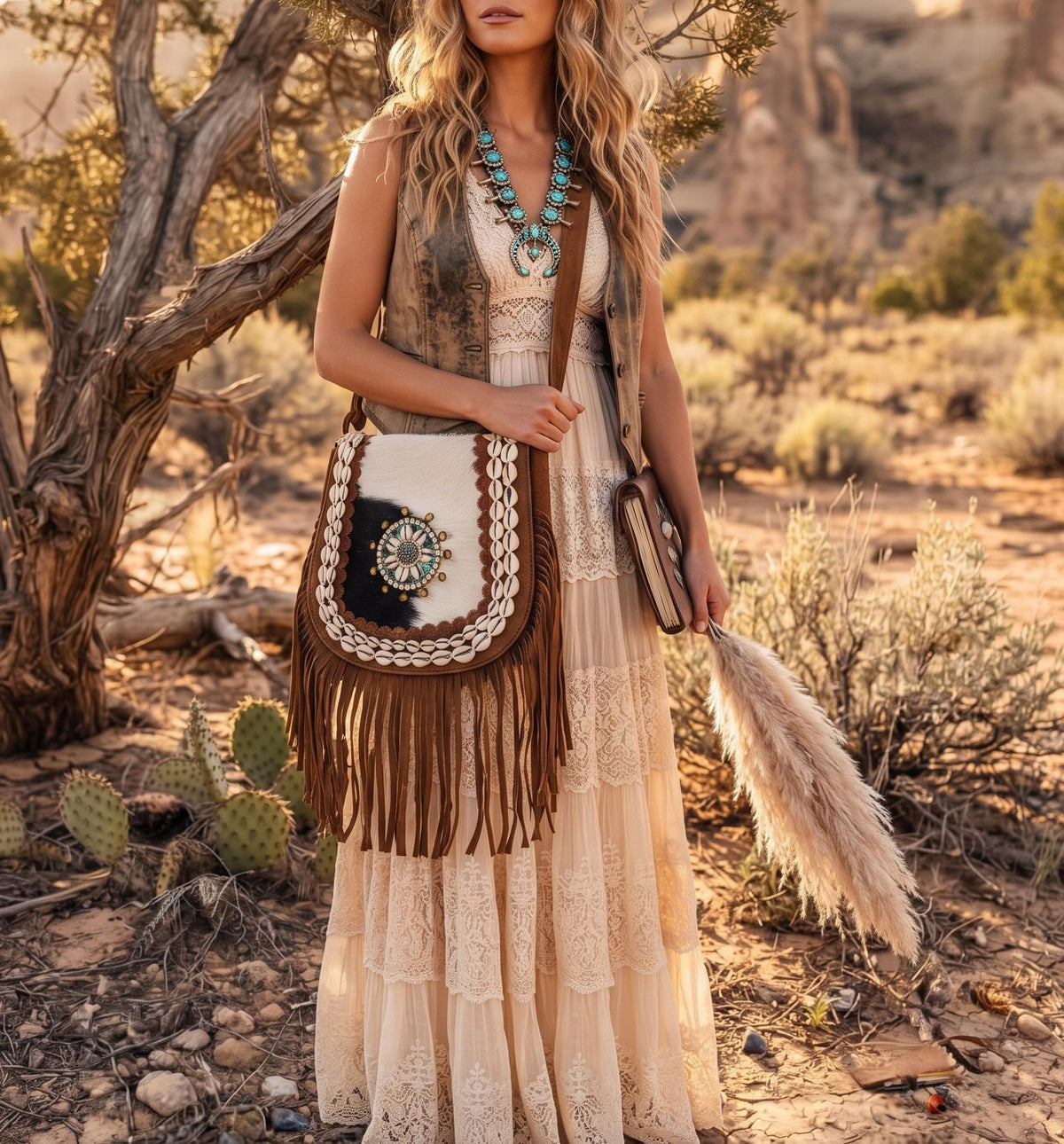 Western Leather Fringe Purse, Cowhide Shoulder Bag, Rustic Cowgirl Handbag, Bohemian Festival Crossbody with Turquoise Detail