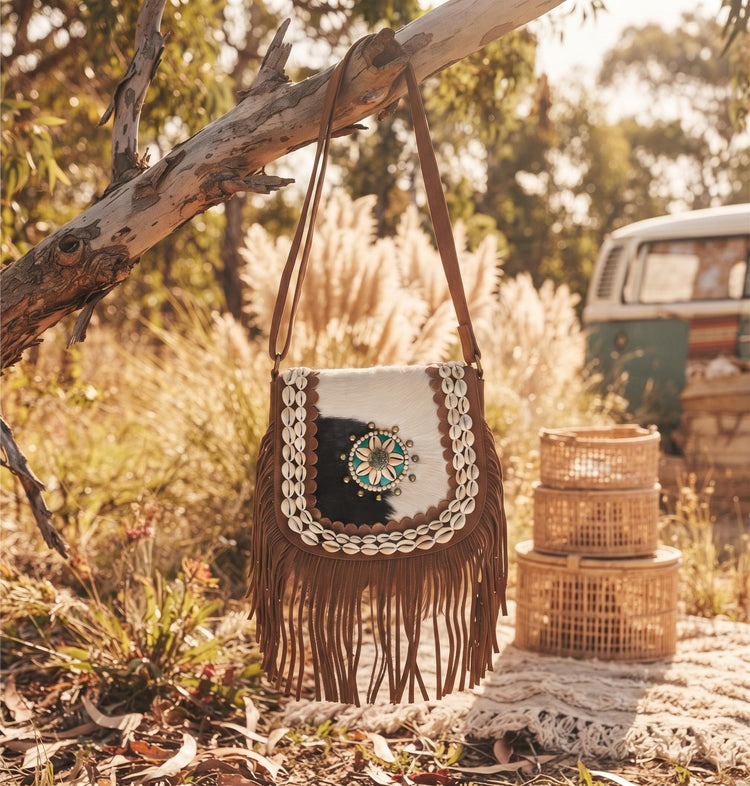 Western Leather Fringe Purse, Cowhide Shoulder Bag, Rustic Cowgirl Handbag, Bohemian Festival Crossbody with Turquoise Detail