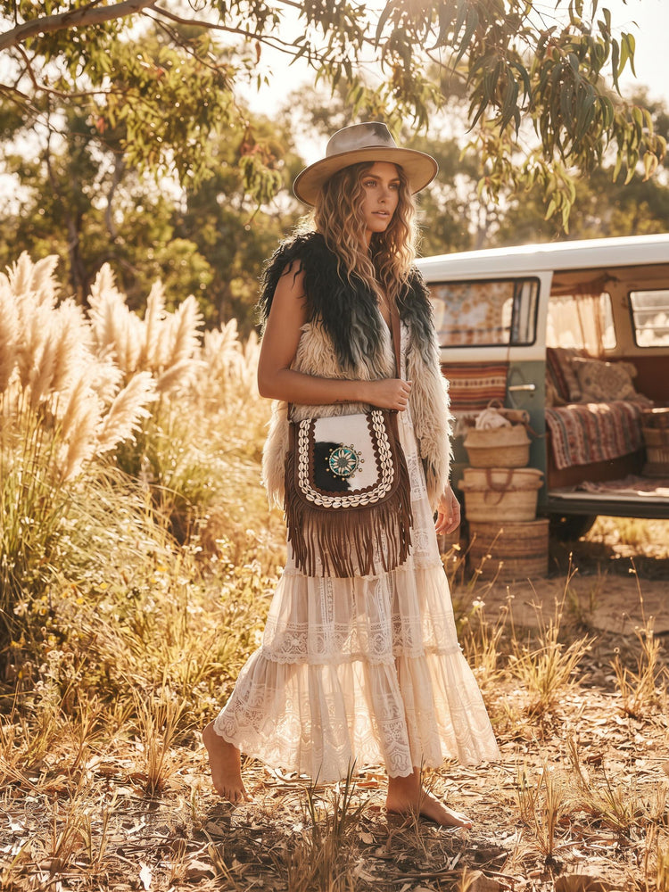 Western Leather Fringe Purse, Cowhide Shoulder Bag, Rustic Cowgirl Handbag, Bohemian Festival Crossbody with Turquoise Detail