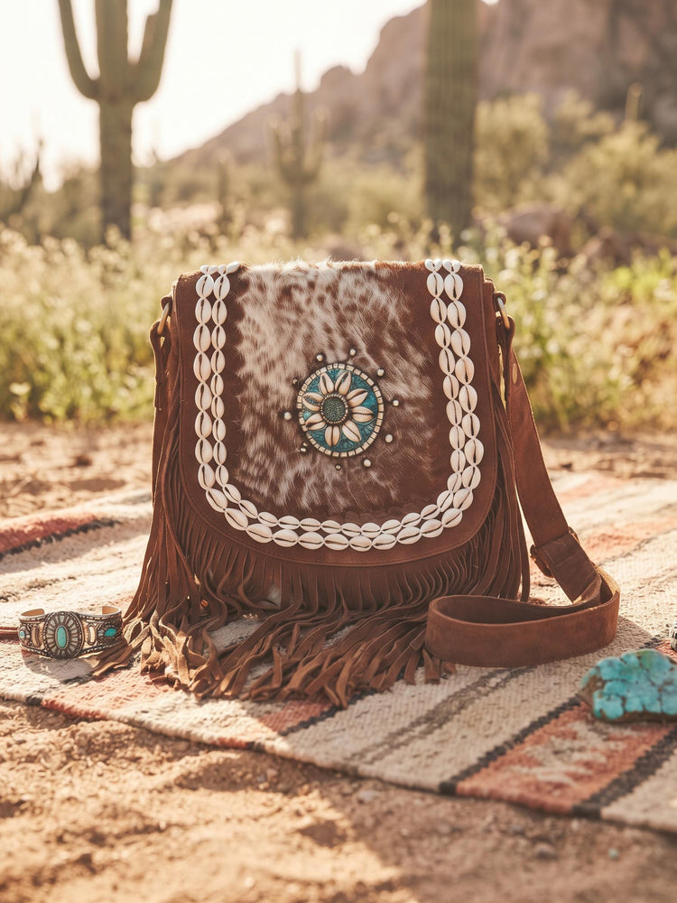 Southwestern Cowhide Handbag, Leather Tassel Purse, Rustic Boho Crossbody Bag, Turquoise Cowgirl Festival Accessory