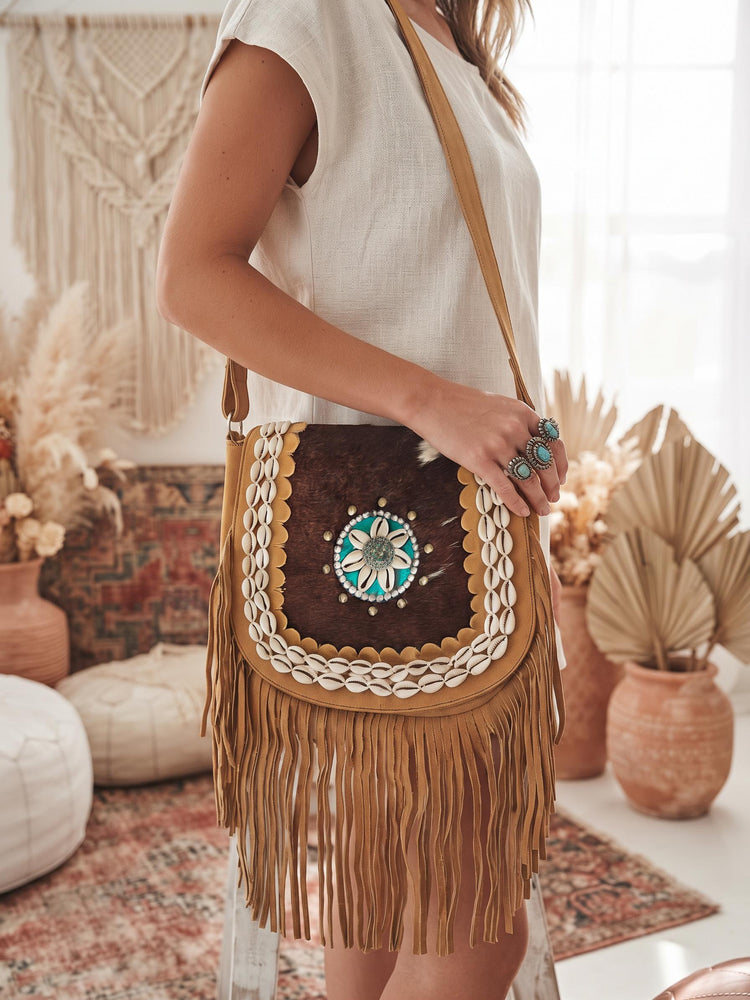 Southwestern Cowhide Handbag, Leather Tassel Purse, Rustic Boho Crossbody Bag, Turquoise Cowgirl Festival Accessory