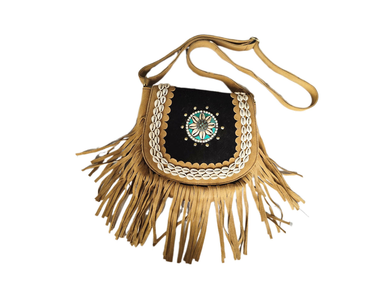 Southwestern Cowhide Handbag, Leather Tassel Purse, Rustic Boho Crossbody Bag, Turquoise Cowgirl Festival Accessory