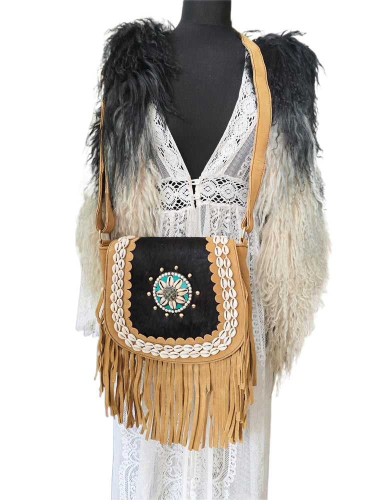 Southwestern Cowhide Handbag, Leather Tassel Purse, Rustic Boho Crossbody Bag, Turquoise Cowgirl Festival Accessory