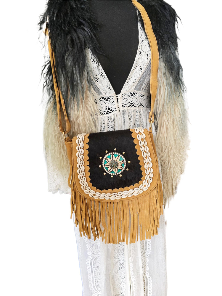 Southwestern Cowhide Handbag, Leather Tassel Purse, Rustic Boho Crossbody Bag, Turquoise Cowgirl Festival Accessory