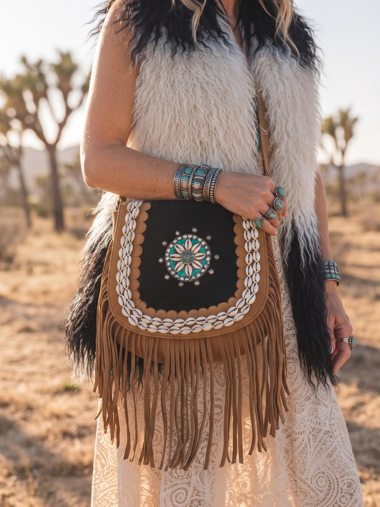 Southwestern Cowhide Handbag, Leather Tassel Purse, Rustic Boho Crossbody Bag, Turquoise Cowgirl Festival Accessory