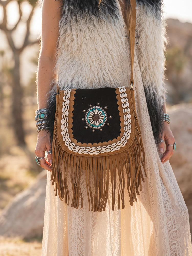 Southwestern Cowhide Handbag, Leather Tassel Purse, Rustic Boho Crossbody Bag, Turquoise Cowgirl Festival Accessory