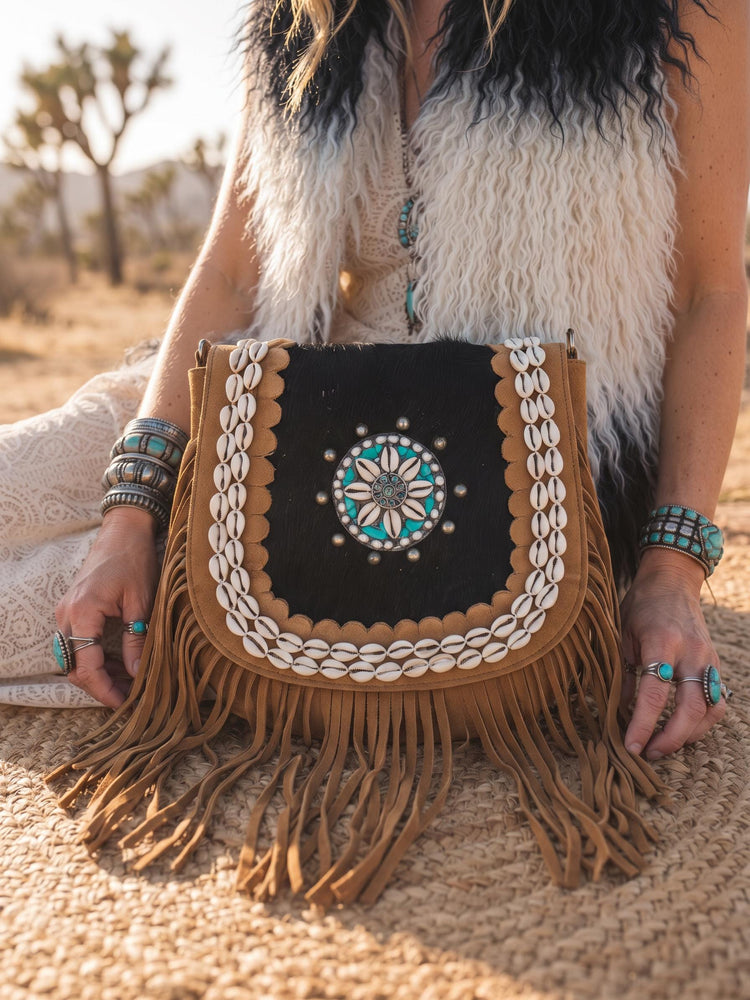Southwestern Cowhide Handbag, Leather Tassel Purse, Rustic Boho Crossbody Bag, Turquoise Cowgirl Festival Accessory