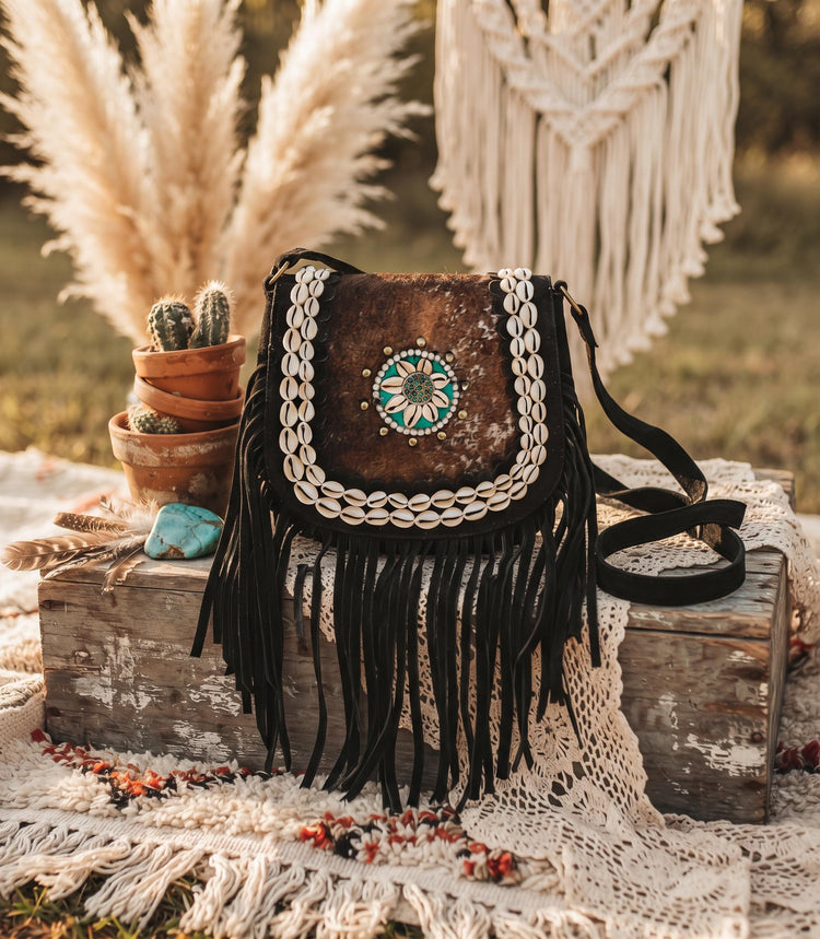 Southwestern Cowhide Handbag, Leather Tassel Purse, Rustic Boho Crossbody Bag, Turquoise Cowgirl Festival Accessory
