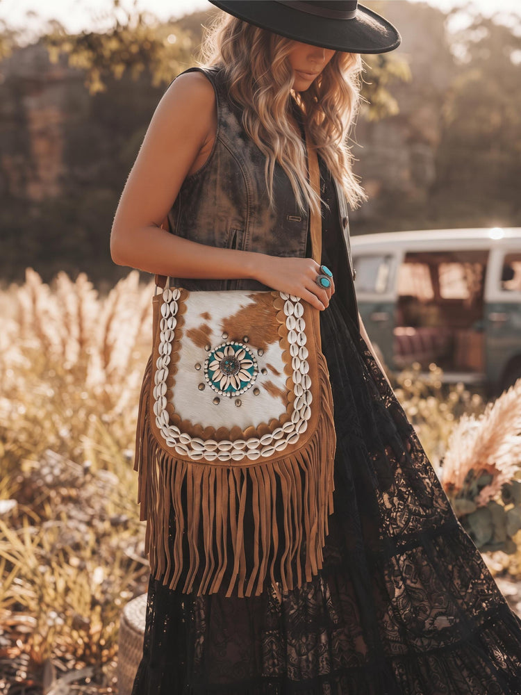 Tan Suede Fringe Bag, Light Cowhide Crossbody Purse, Boho Hippie Handbag, Turquoise Western Festival Shoulder Bag