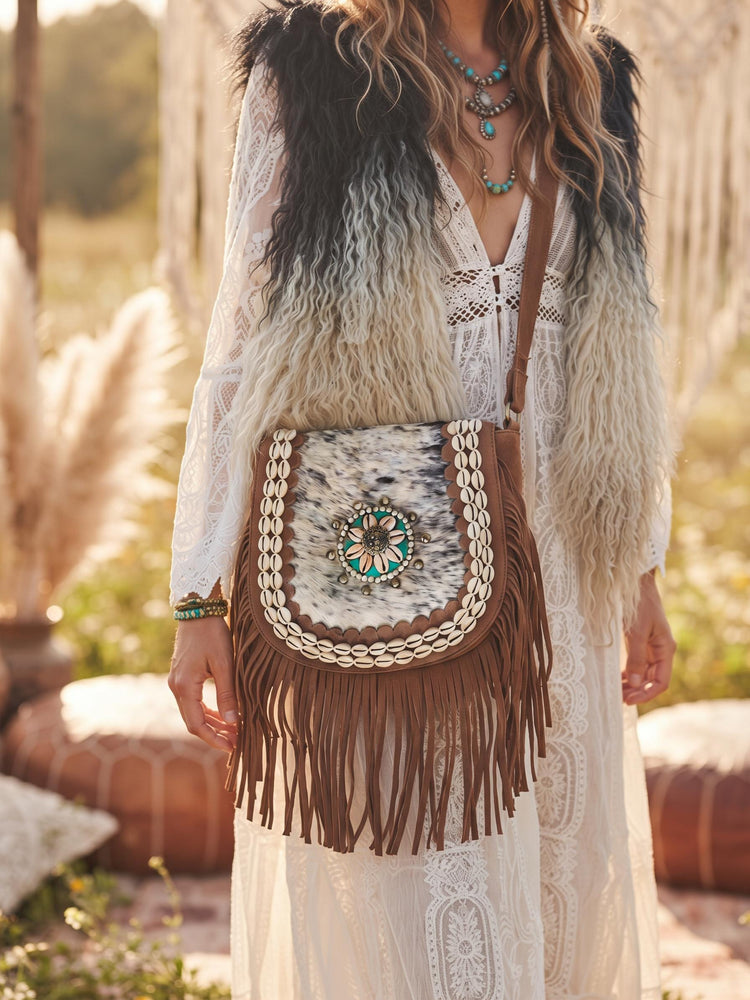 Tan Suede Cowhide Bag, Western Tassel Shoulder Purse, Boho Hippie Fringe Handbag, Turquoise Festival Crossbody Accessory