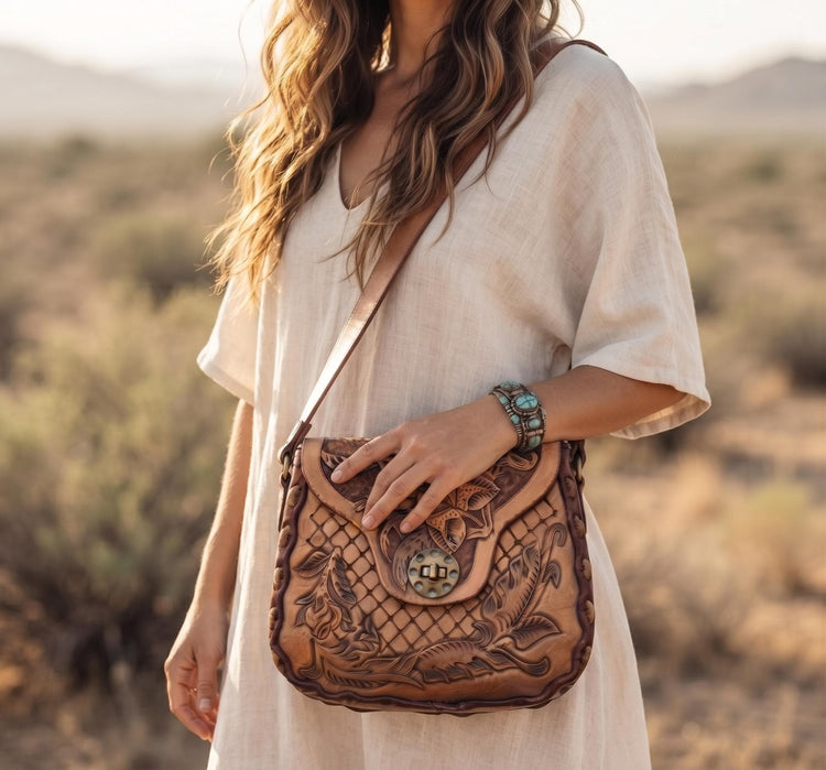 Vintage Tooled Leather Horse Purse, Floral Rose Western Saddle Bag