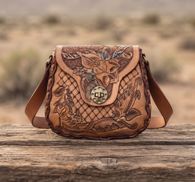Vintage Tooled Leather Horse Purse, Floral Rose Western Saddle Bag