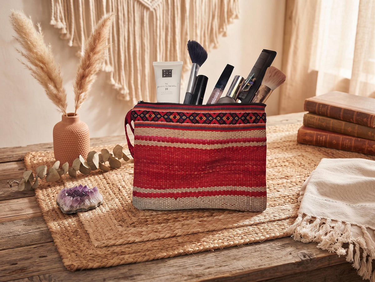 Peruvian Alpaca Wool Toiletry Bag, Handmade Woven Cosmetic Pouch, Colourful Boho Travel Wash Bag