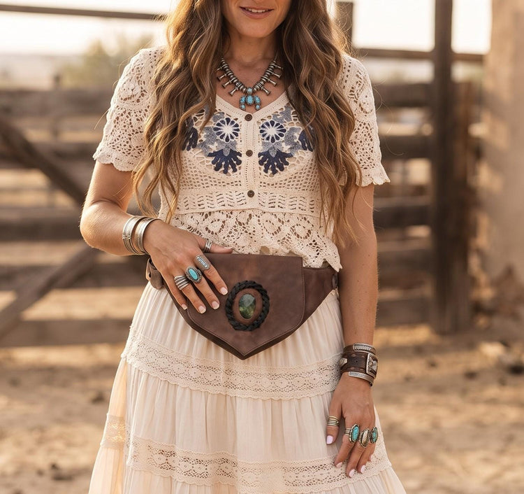 Leather Festival Bum Bag with Rock Crystal, Black Brown Boho Hippie Fanny Pack, Steampunk Utility Belt