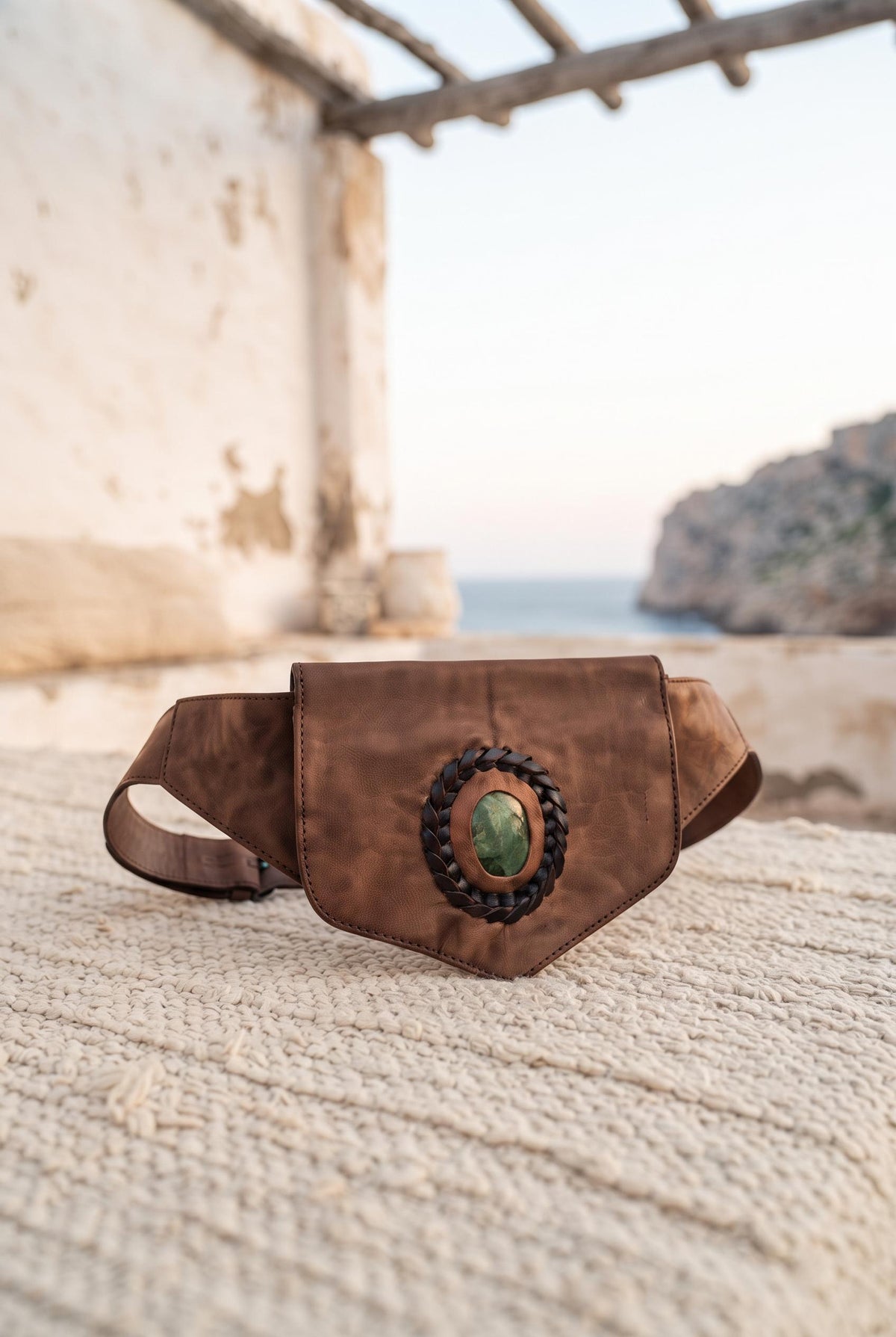 Leather Festival Bum Bag with Rock Crystal, Black Brown Boho Hippie Fanny Pack, Steampunk Utility Belt