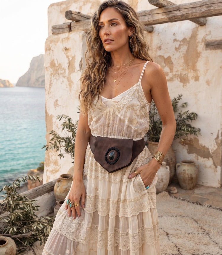 Leather Festival Bum Bag with Rock Crystal, Black Brown Boho Hippie Fanny Pack, Steampunk Utility Belt