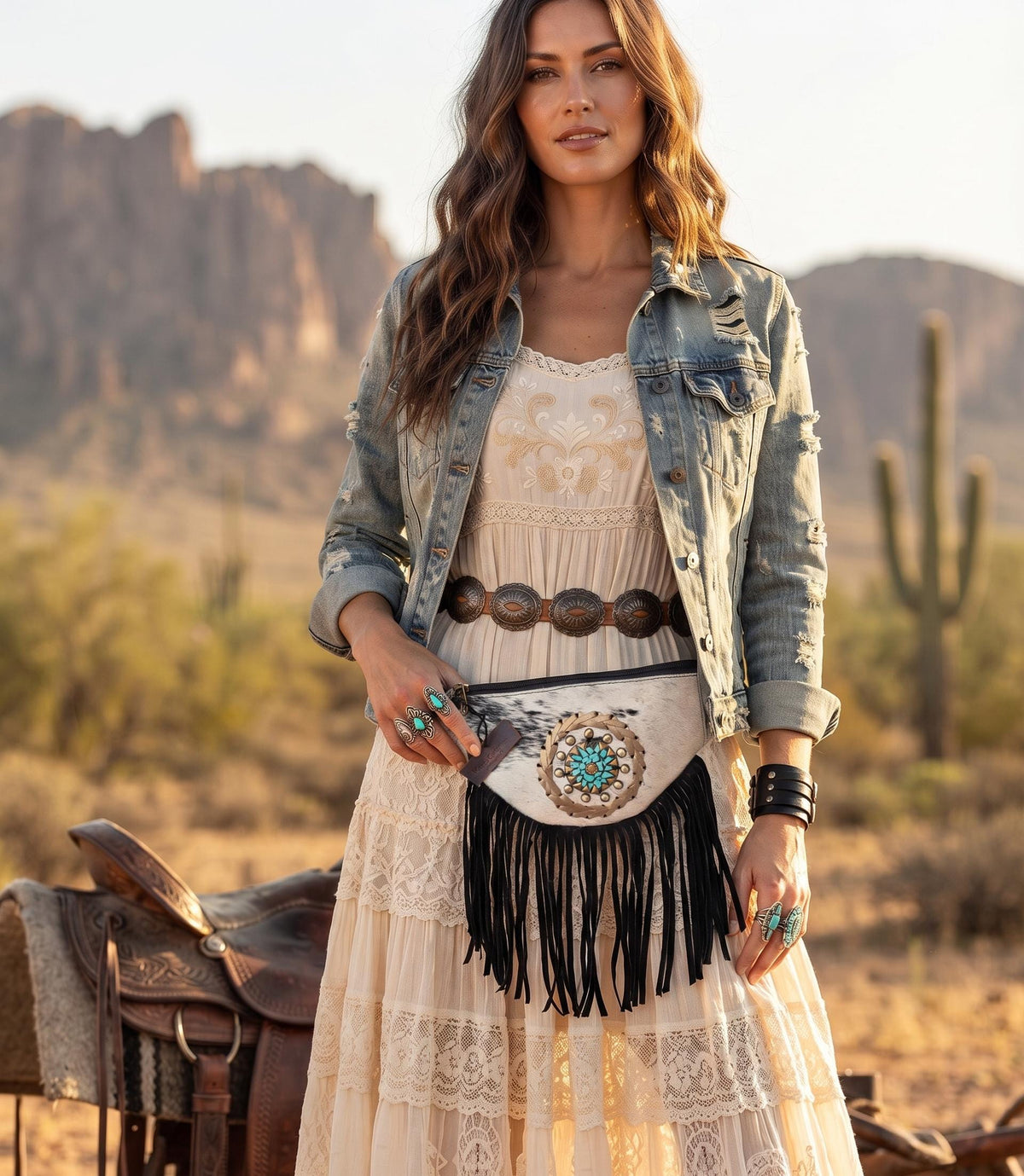 Cowhide Leather Fringe Bum Bag: Western Festival Fanny Pack
