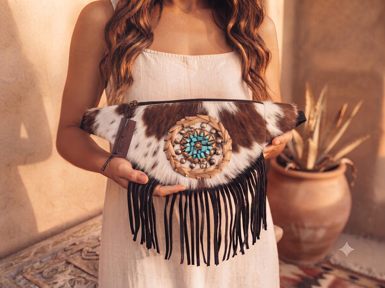 Western Cowhide Fanny Pack with Fringe: Leather Festival Bum Bag