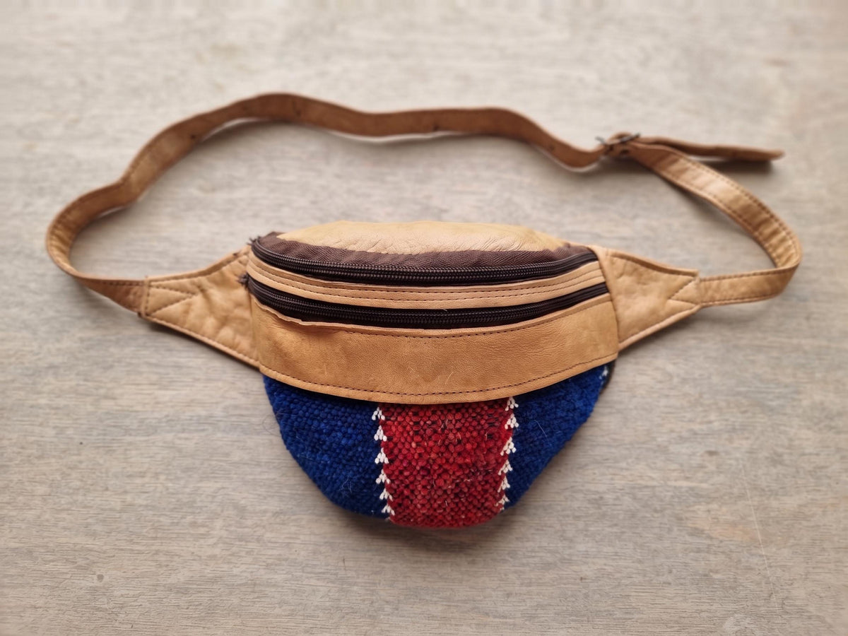 Unique leather bum bag with upcycled kilim carpet - stylish fanny pack for adventures