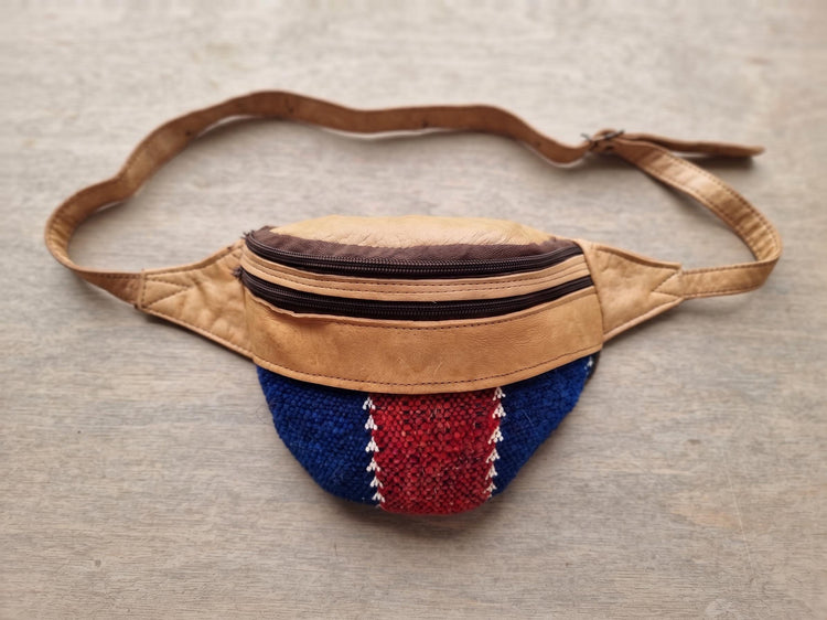 Unique leather bum bag with upcycled kilim carpet - stylish fanny pack for adventures