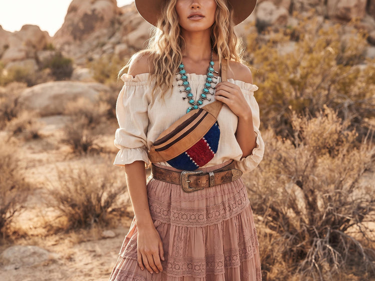 Unique leather bum bag with upcycled kilim carpet - stylish fanny pack for adventures