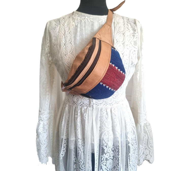 Unique leather bum bag with upcycled kilim carpet - stylish fanny pack for adventures