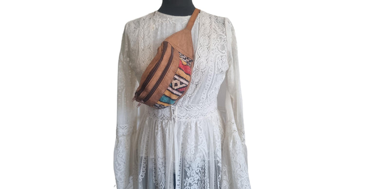 Moroccan Leather Kilim Bum Bag, Berber Tribal Boho Waist Pouch, Upcycled Festival Belt Bag, Hippie Sling Purse