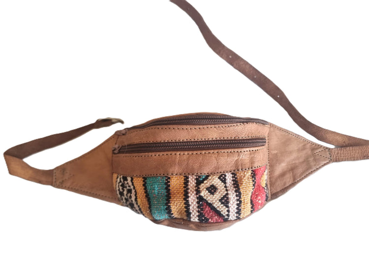 Moroccan Leather Kilim Bum Bag, Berber Tribal Boho Waist Pouch, Upcycled Festival Belt Bag, Hippie Sling Purse