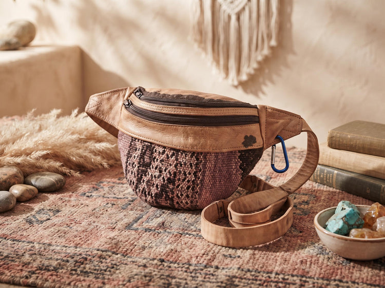 Vintage Kilim Leather Bum Bag, Multicoloured Boho Festival Fanny Pack, Beige Leather Waist Bag