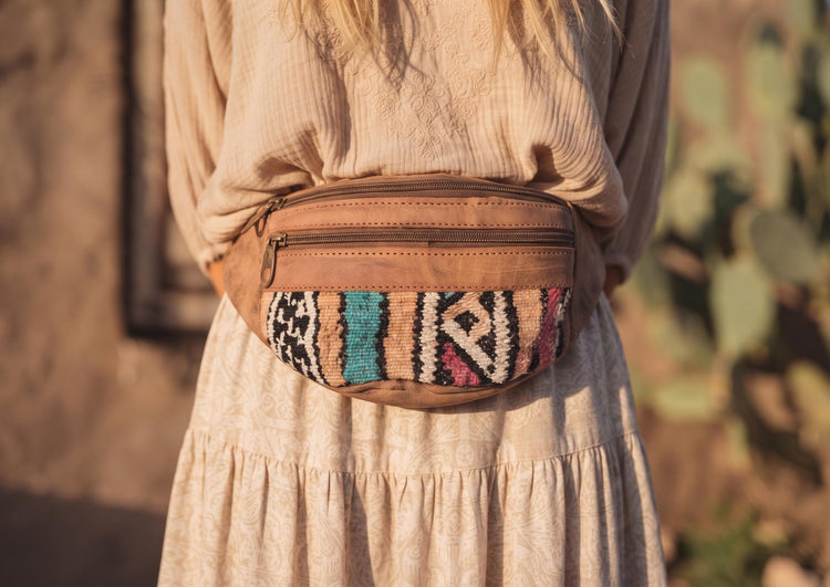 Moroccan Leather Kilim Bum Bag, Berber Tribal Boho Waist Pouch, Upcycled Festival Belt Bag, Hippie Sling Purse