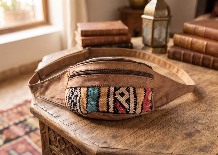 Moroccan Leather Kilim Bum Bag, Berber Tribal Boho Waist Pouch, Upcycled Festival Belt Bag, Hippie Sling Purse