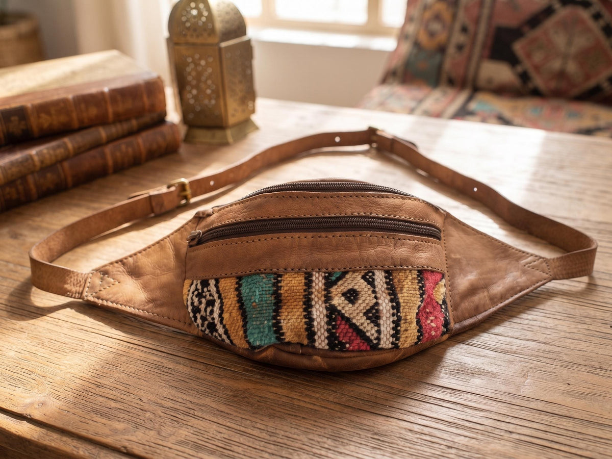 Moroccan Leather Kilim Bum Bag, Berber Tribal Boho Waist Pouch, Upcycled Festival Belt Bag, Hippie Sling Purse