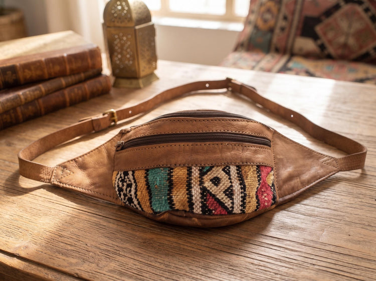 Moroccan Leather Kilim Bum Bag, Berber Tribal Boho Waist Pouch, Upcycled Festival Belt Bag, Hippie Sling Purse