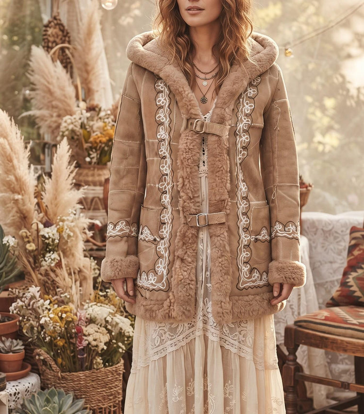 Vintage Shearling Penny Lane Coat, Embroidered Leather Afghan Duffle Coat, 70s Boho Hippie Hooded Jacket, Genuine Sheepskin Size S