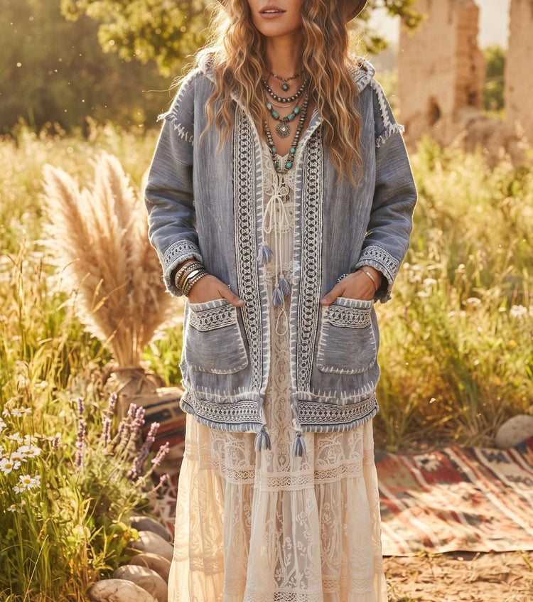 Vintage Algerian Qashabiya Coat, Blue White Berber Hooded Wool Jacket, Moroccan Boho Tribal Geometric Winter Outerwear