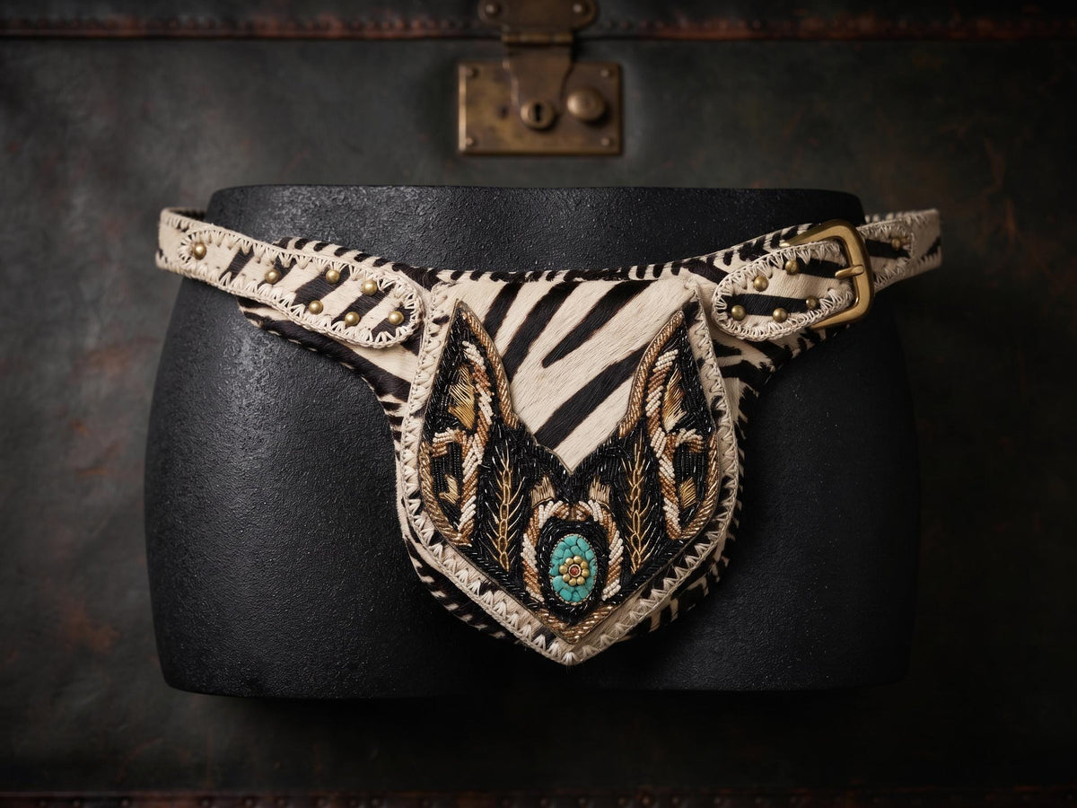 Zebra Cowhide Fanny Pack: Beaded Boho Leather Crossbody Sling