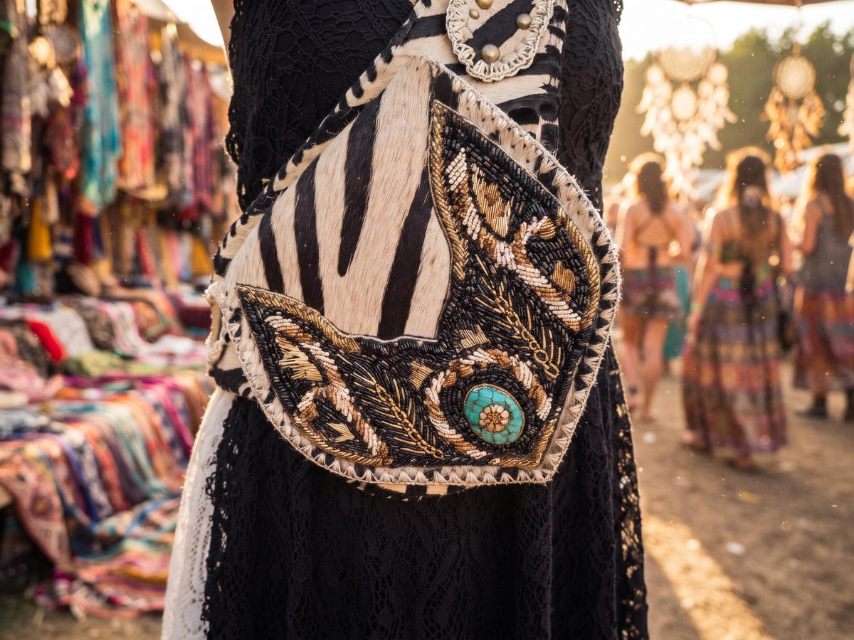 Zebra Cowhide Fanny Pack: Beaded Boho Leather Crossbody Sling