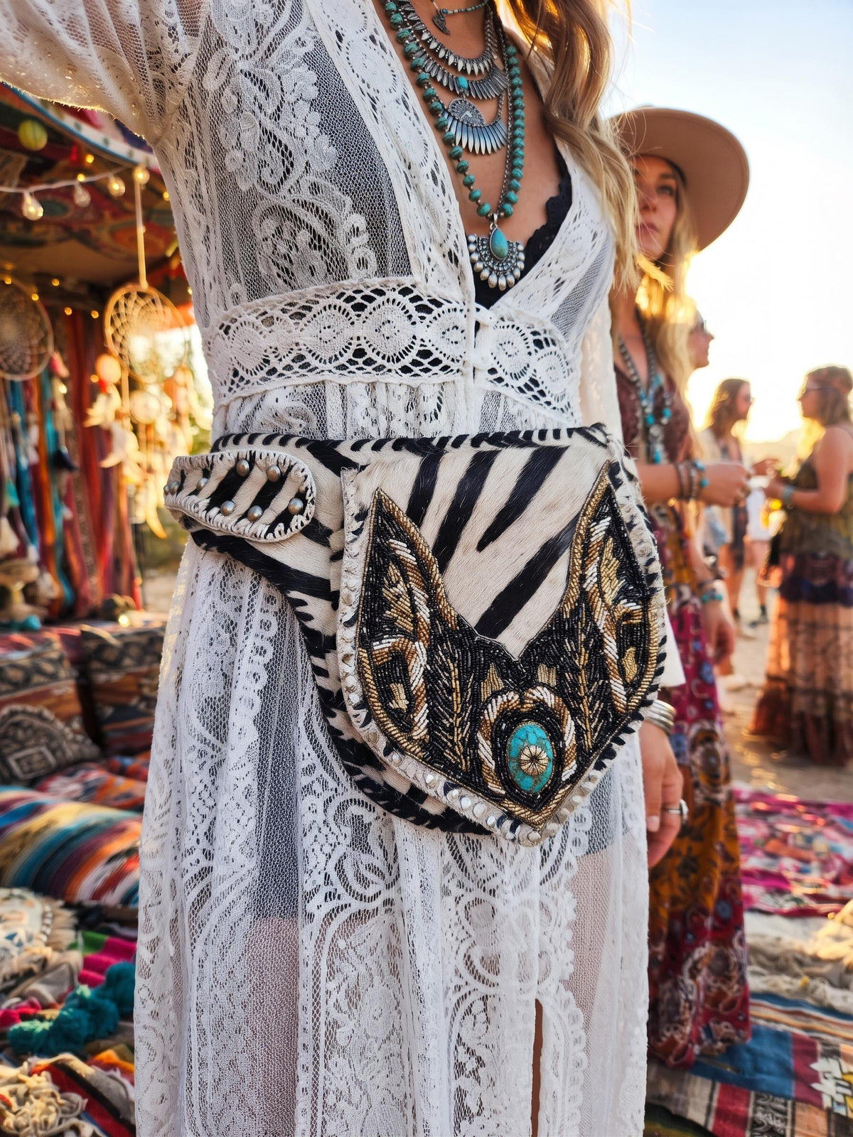 Zebra Cowhide Fanny Pack: Beaded Boho Leather Crossbody Sling