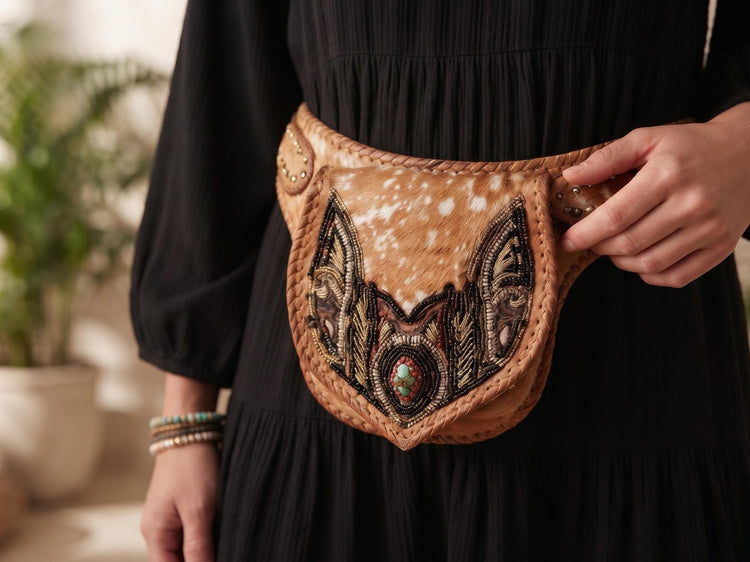 Handcrafted Suede Leather Sling Bag: Beaded Boho Crossbody Fanny Pack