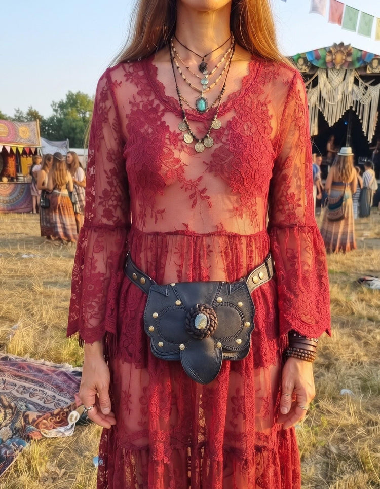 Womens Leather Fanny Pack: Boho Festival Hip Bag with Labradorite