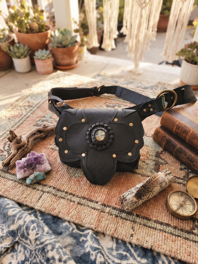 Womens Leather Fanny Pack: Boho Festival Hip Bag with Labradorite