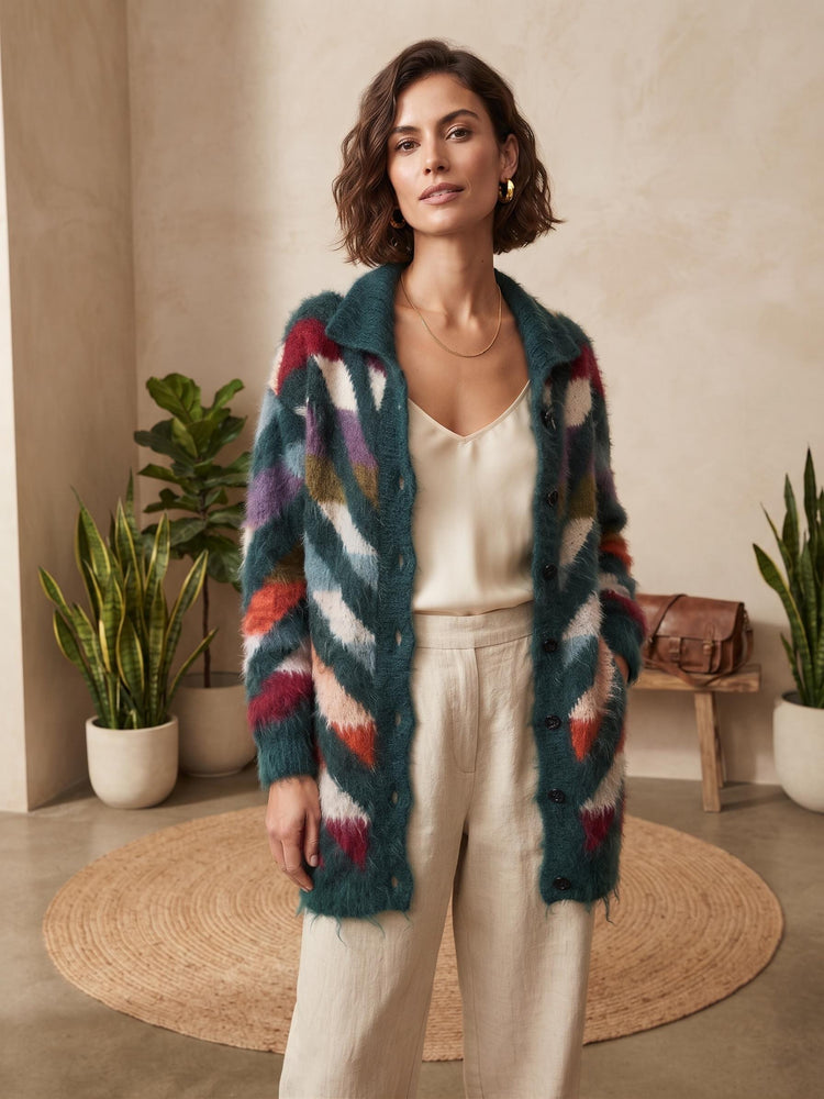 1980s Vintage Rainbow Cardigan, Mohair Zigzag Knit Jacket, Colourful Cottagecore New Wave Sweater