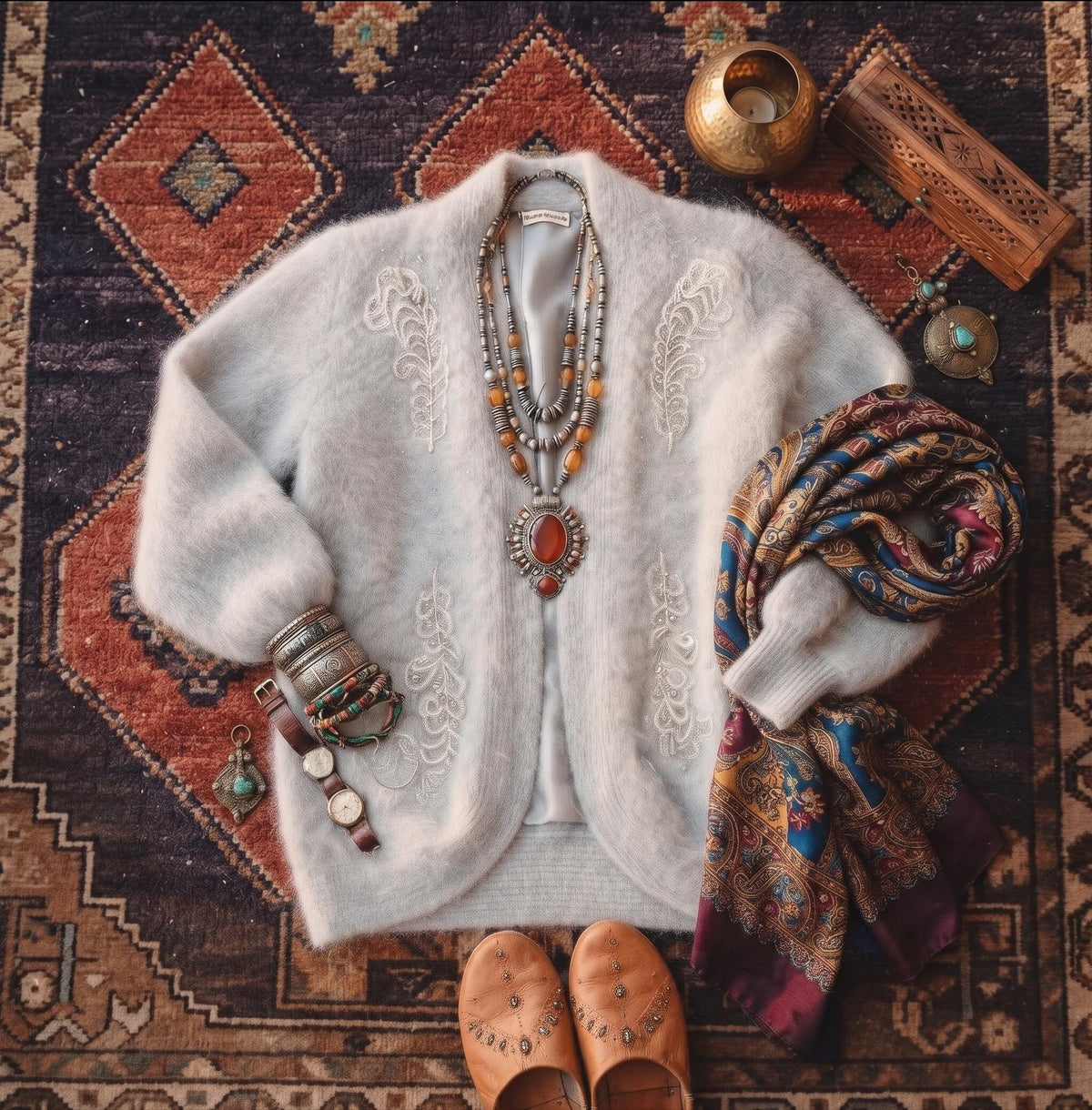 Vintage Grey Wool Cardigan Jacket, Floral Embroidered Boho Knit, 80s 90s Romantic Folklore Sweater, Open Front